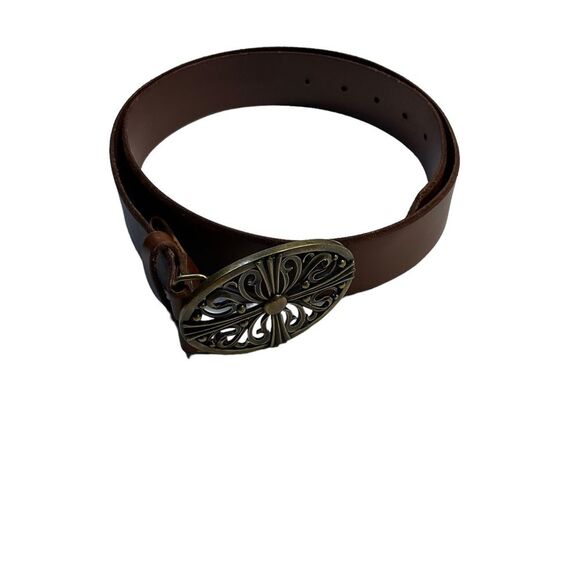 Million Wishes Brown Leather Gold-tone Ornate Detachable Buckle Belt Size L(42”) - Picture 6 of 16